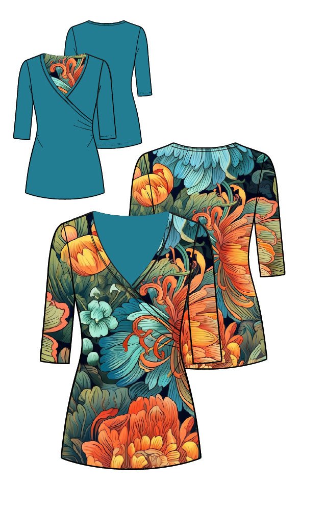 Versatile V - neck, 3/4 sleeve, wrap T-shirt - Atara Collections