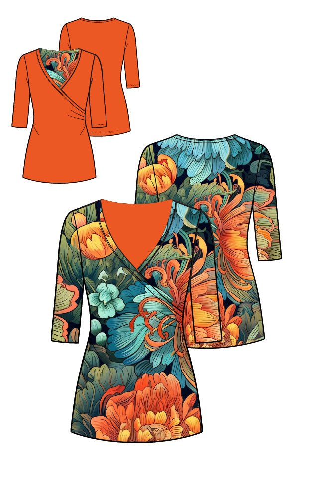 Versatile V - neck, 3/4 sleeve, wrap T-shirt - Atara Collections